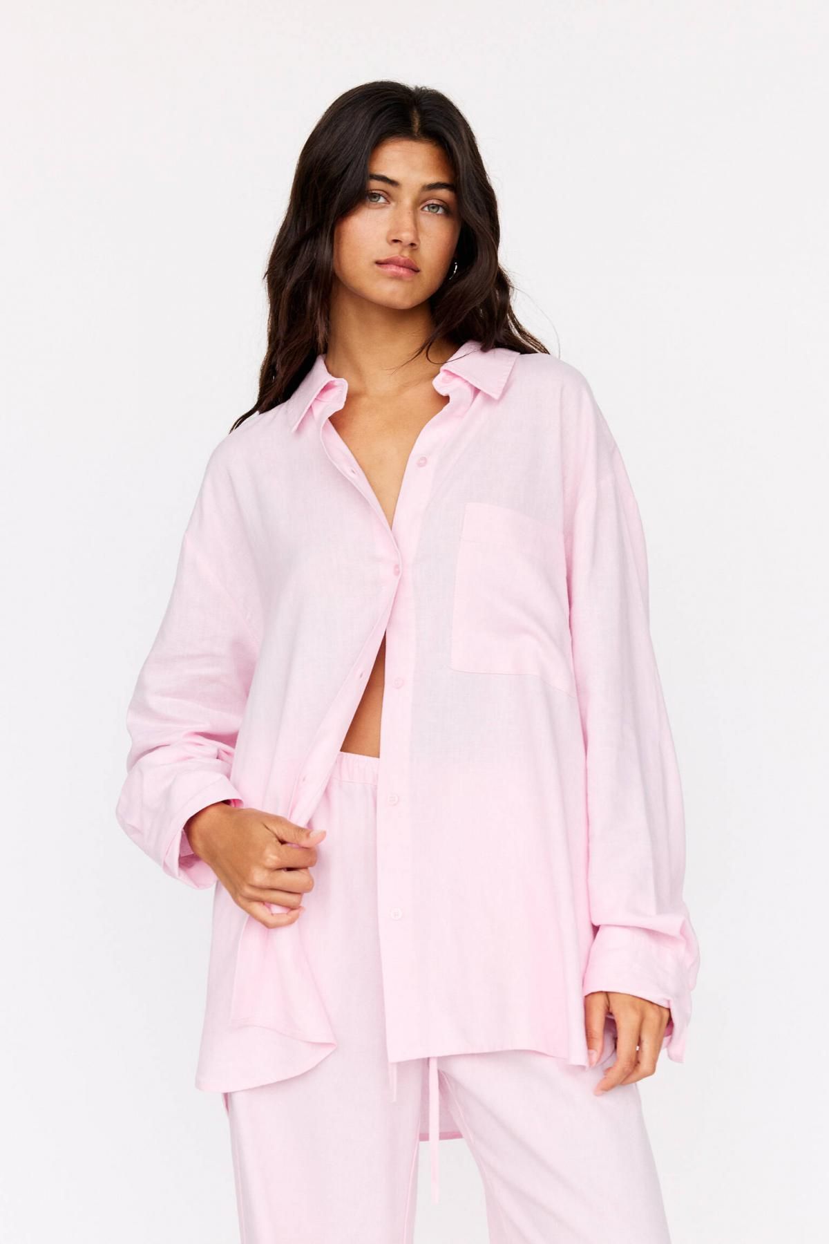 풀앤베어 오버사이즈 라이트핑크 린넨블렌드 긴팔 셔츠 7472/351 ROSE PINK - 상세 이미지 3