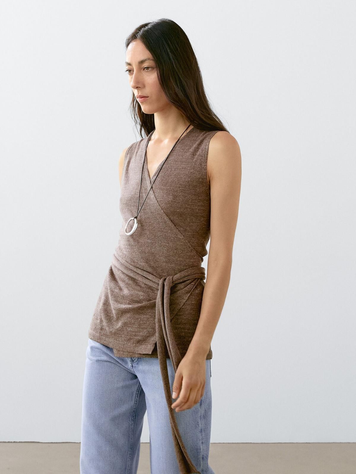 마시모두띠 린넨블렌드 브이넥 랩 니트 탑 민소매 5755/686 BROWN - 상세 이미지 5