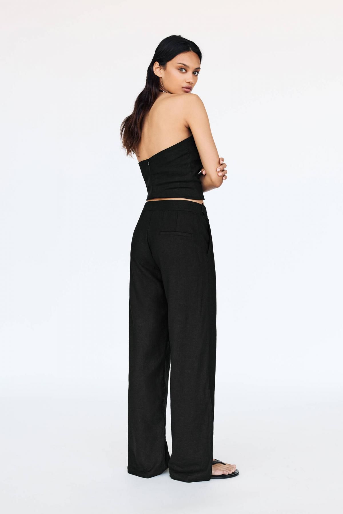 풀앤베어 크로스웨이스트 린넨 블렌드 스트레이트 슬랙스 팬츠 7675/311 BLACK - 상세 이미지 4