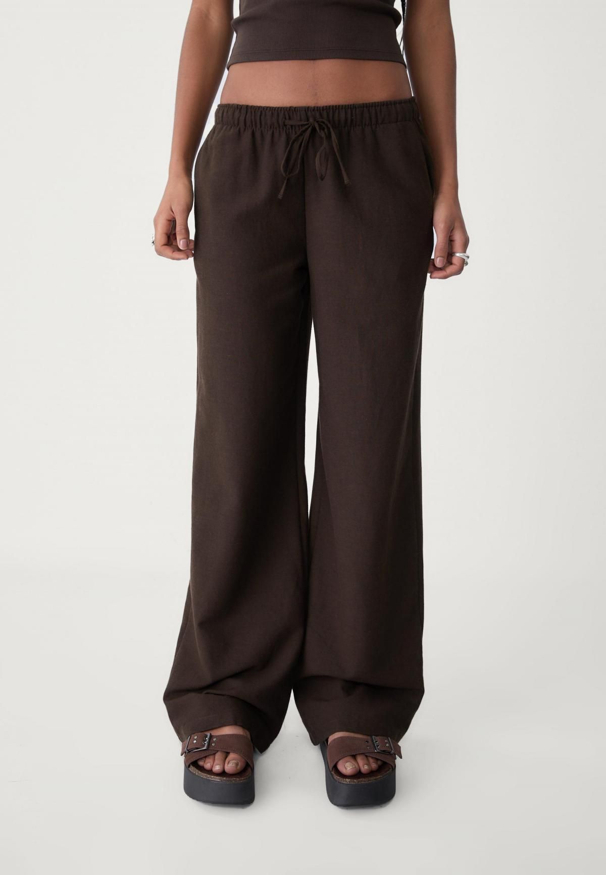 스트라디바리우스 린넨블렌드 스트레이트핏 드로우스트링 와이드 팬츠 7255/450 BROWN - 상품 이미지