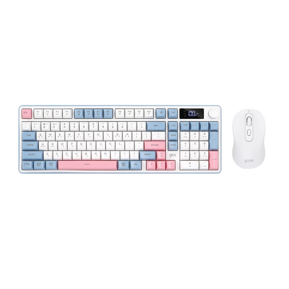 지클릭커 오피스프로 WMK90 사일런스 M RGB 풀윤활 무소음 방수 무선 블루투스 LCD 98 키보드 마우스 세트 Sky Pink - 상품 이미지