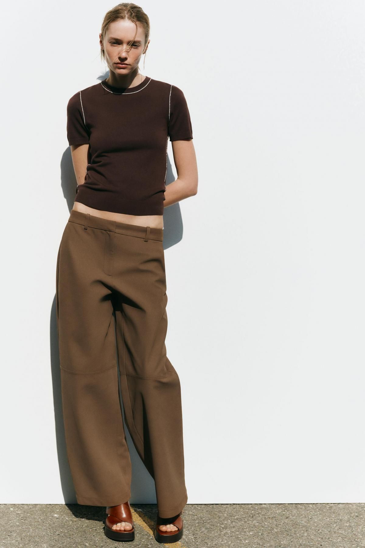 자라 반팔 파이핑 니트 탑 3390/008 BROWN - 상세 이미지 2