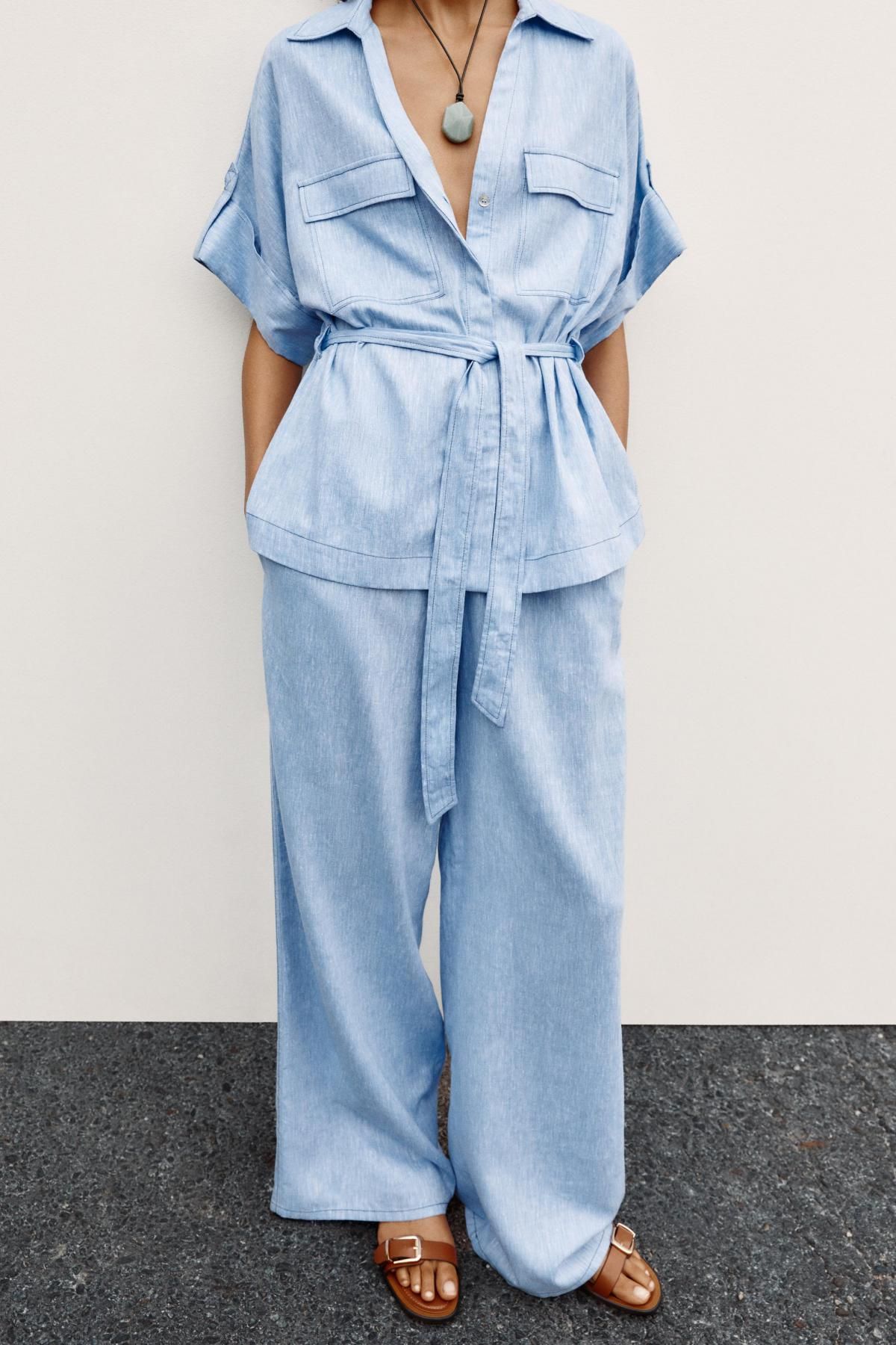 자라 라이트블루 린넨블렌드 와이드 팬츠 7970/753 LIGHT BLUE - 상세 이미지 4