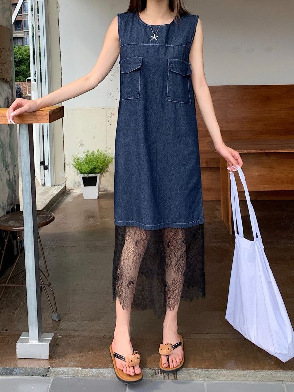 여성 라운드넥 민소매 데님 원피스 H라인 루즈핏 레이어드 미디 롱 하이웨스트 오피스룩 사계절