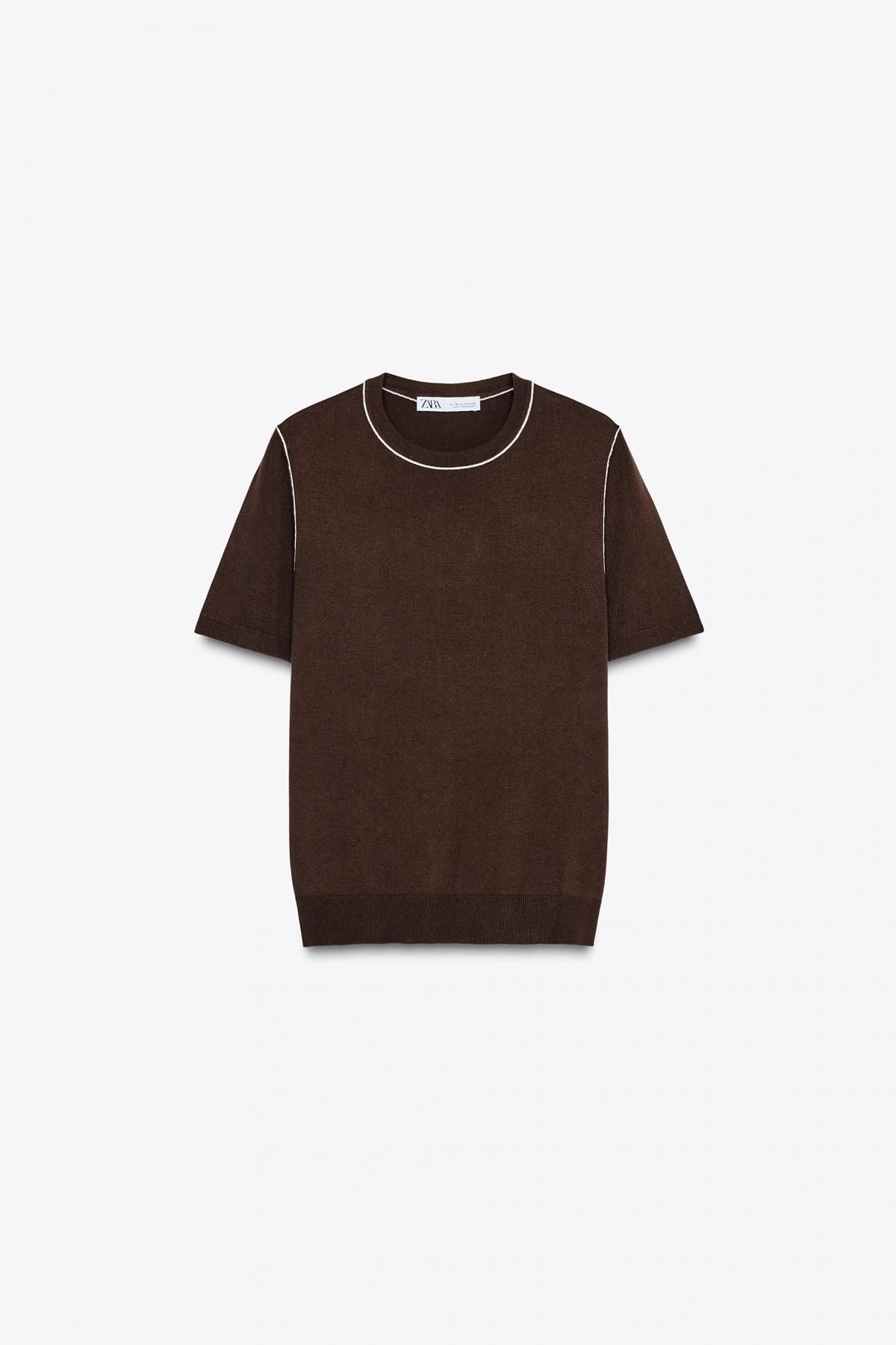 자라 반팔 파이핑 니트 탑 3390/008 BROWN - 상품 이미지