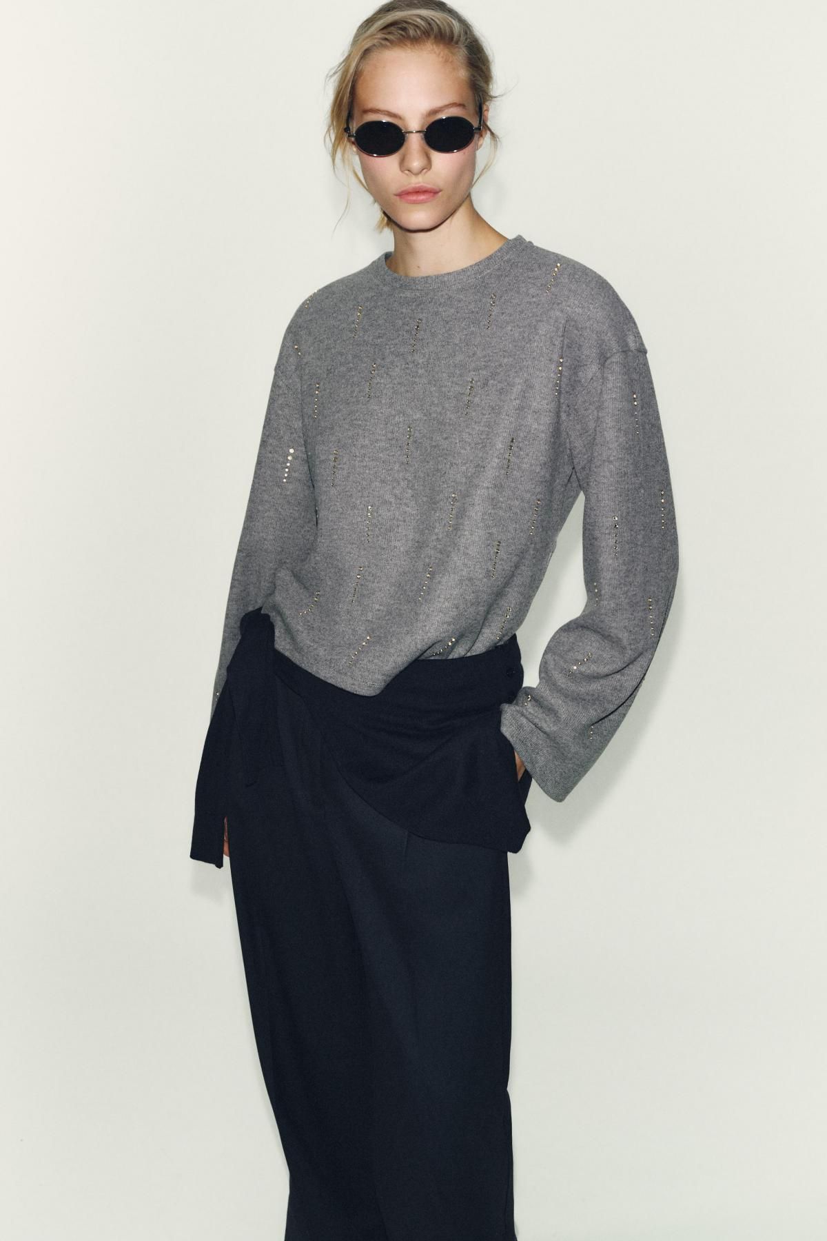 자라 글리터 라인스톤 라운드넥 골지 긴팔 맨투맨 1067/633 GREY MARL - 상세 이미지 3
