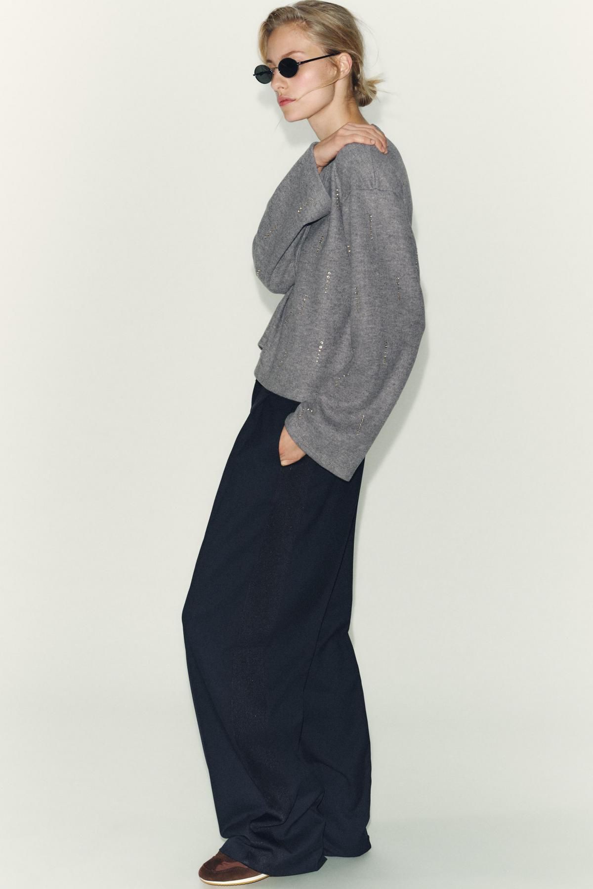 자라 글리터 라인스톤 라운드넥 골지 긴팔 맨투맨 1067/633 GREY MARL - 상세 이미지 5