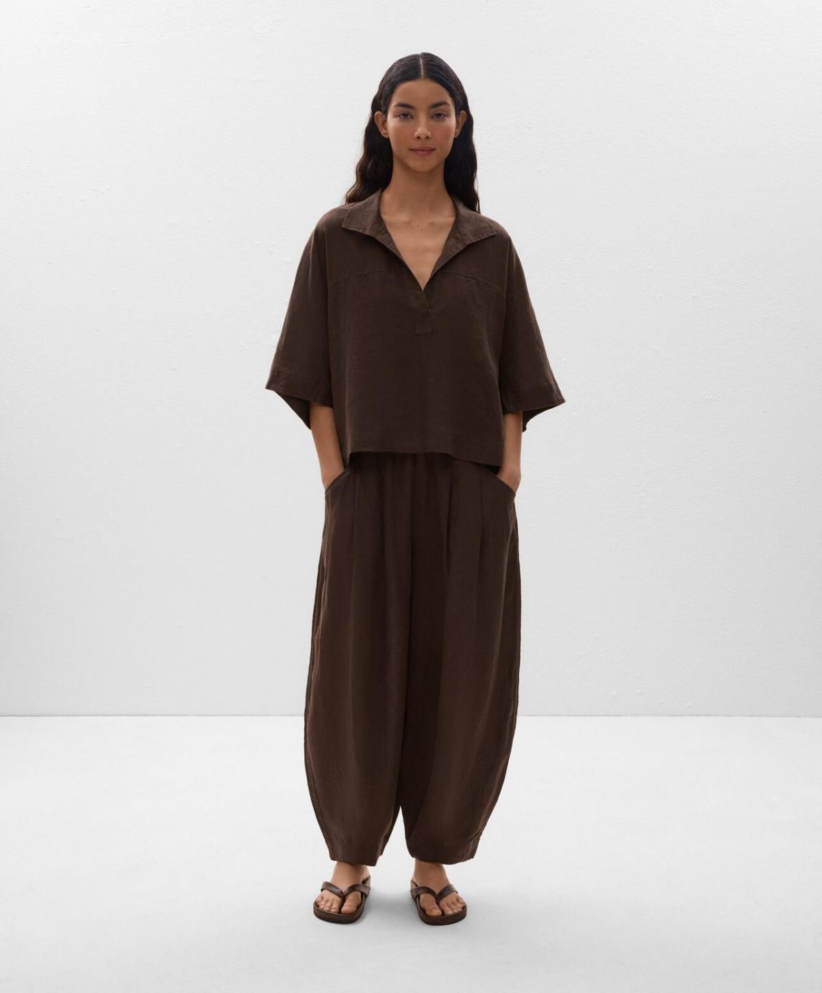 오이쇼 오버사이즈 린넨 반팔 셔츠 브라운 1084/752 DARKBROWN - 상세 이미지 4