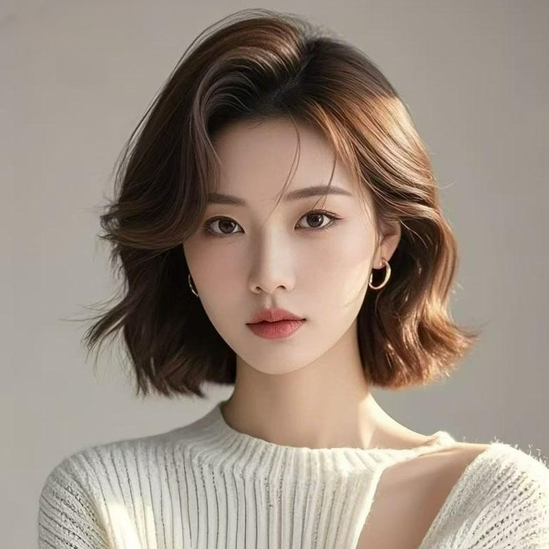 단발머리 인모 리얼 헤어 가발 항암가발 엄마 중년 모카브라운 중간 분할 - 상품 이미지