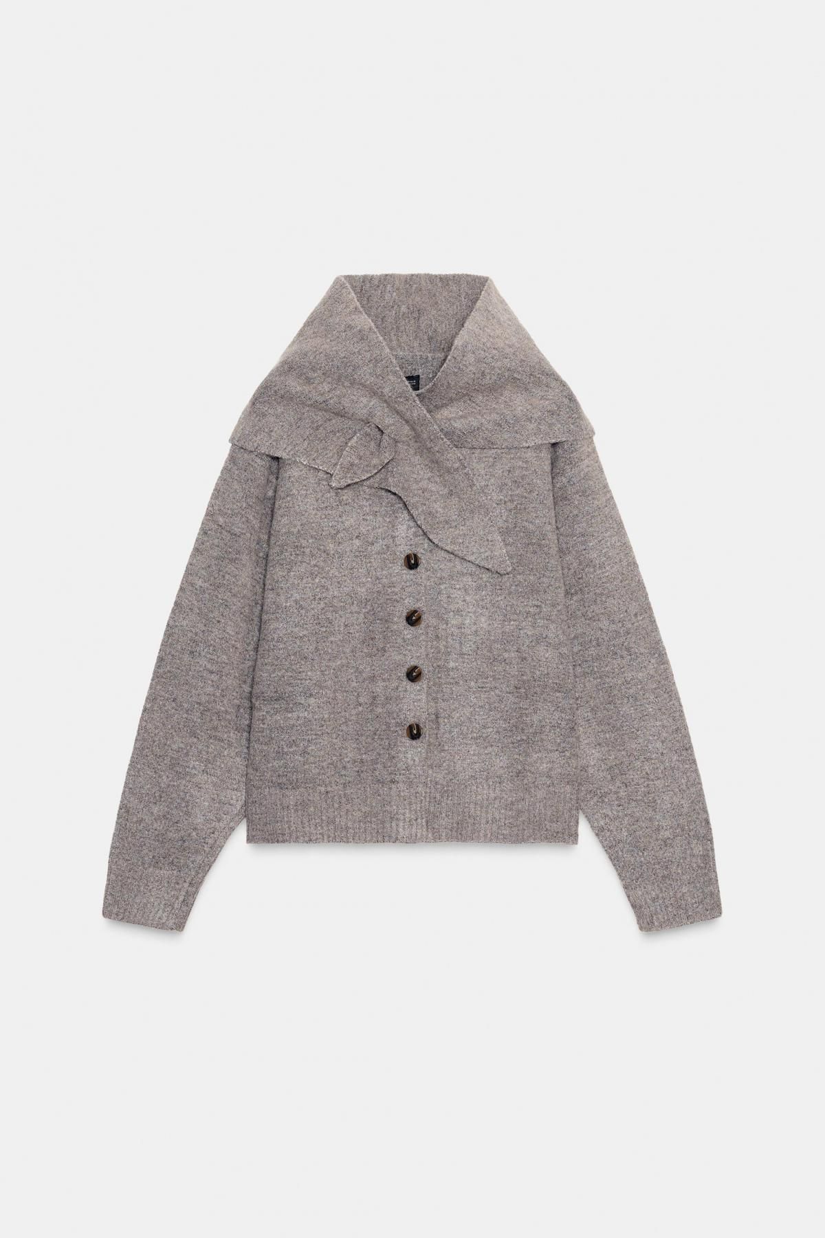 자라 프리미엄 브이넥 스카프 니트 가디건 5755/124 TAUPE GREY - 메인 이미지