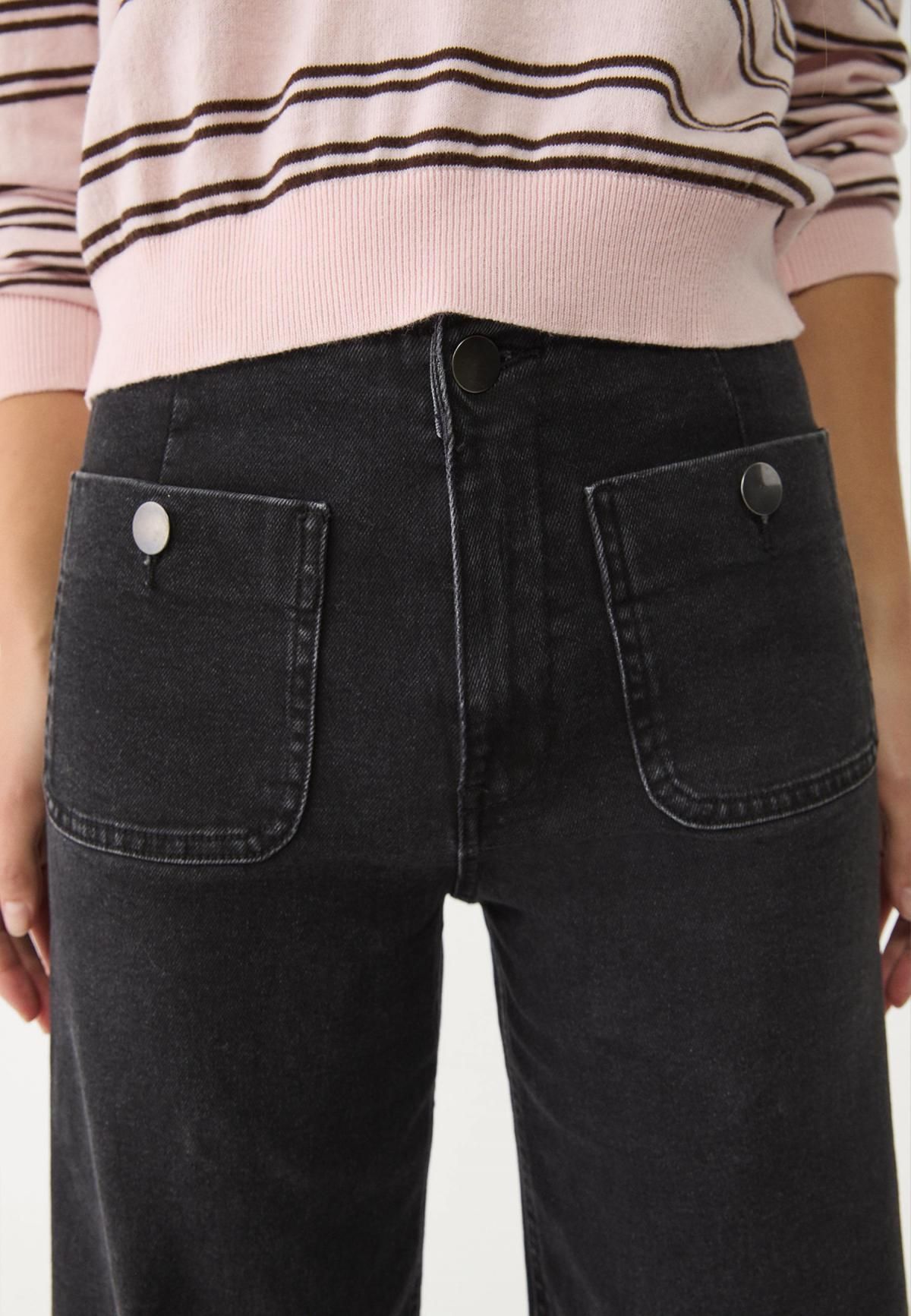 스트라디바리우스 미니멀 하이라이즈 와이드핏 포켓 데님 팬츠 1477/779 BLACK DENIM WASH - 상세 이미지 4