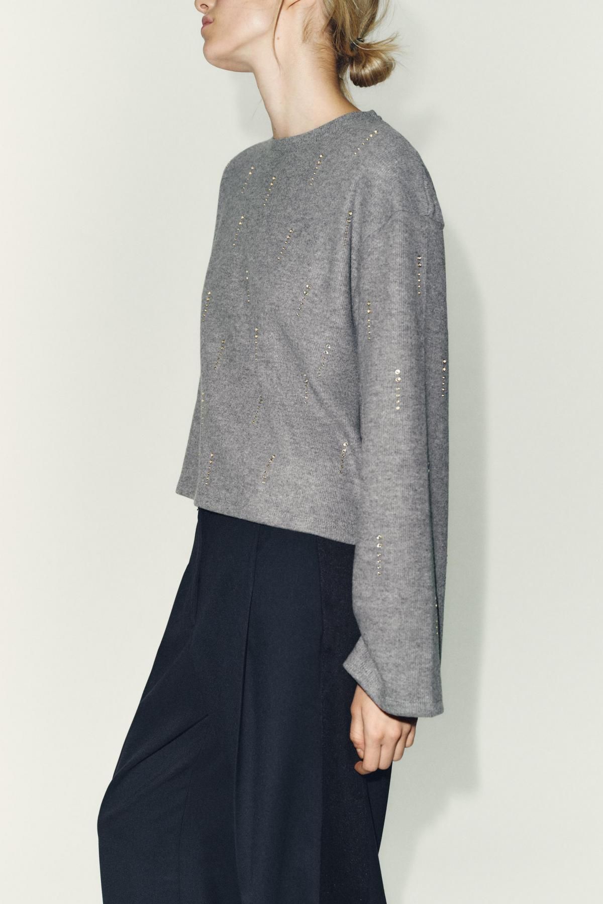 자라 글리터 라인스톤 라운드넥 골지 긴팔 맨투맨 1067/633 GREY MARL - 상세 이미지 4