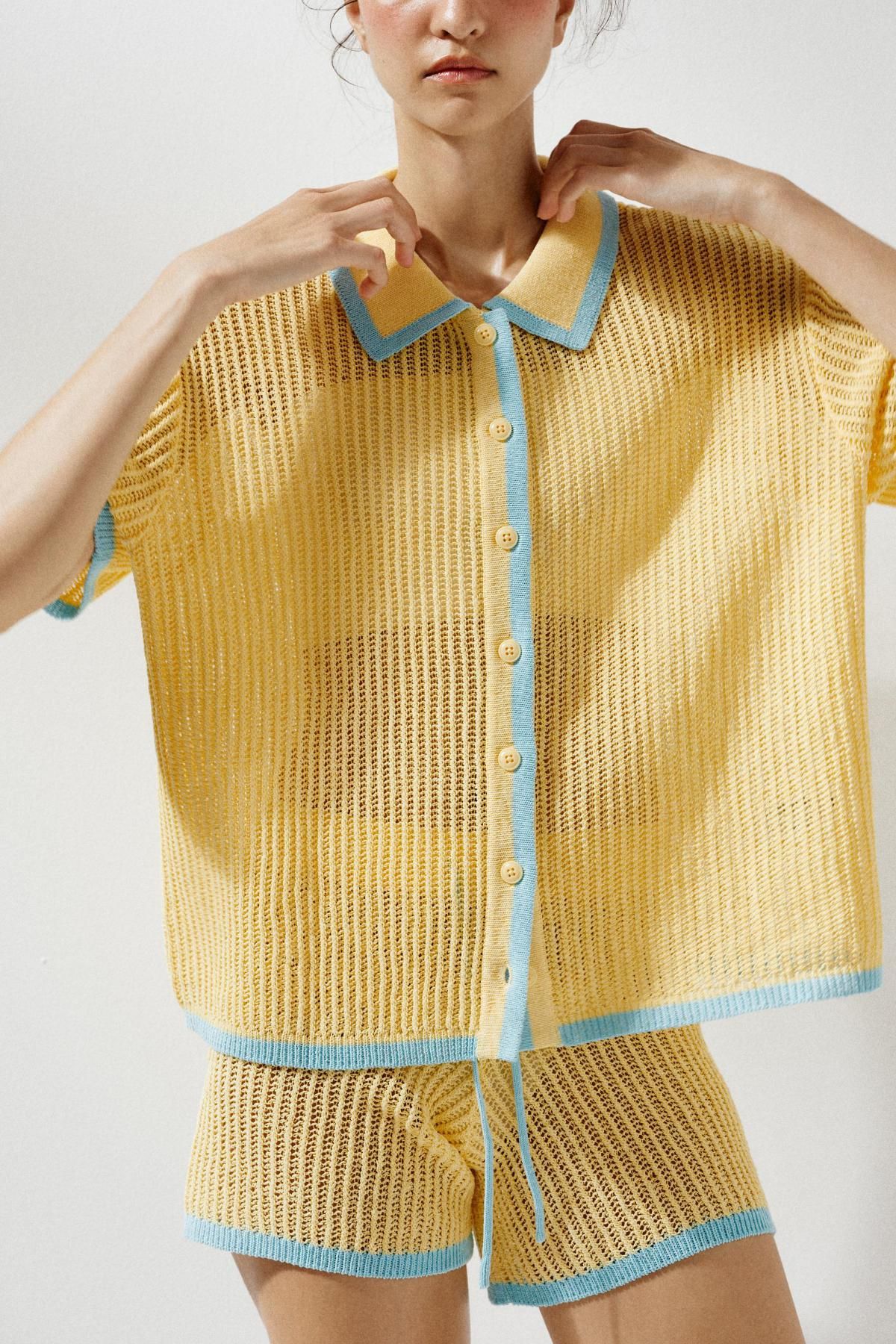 자라 프레시 옐로우 카라 포인트 반팔 니트 카디건 3920/260 LIGHT YELLOW - 상세 이미지 4