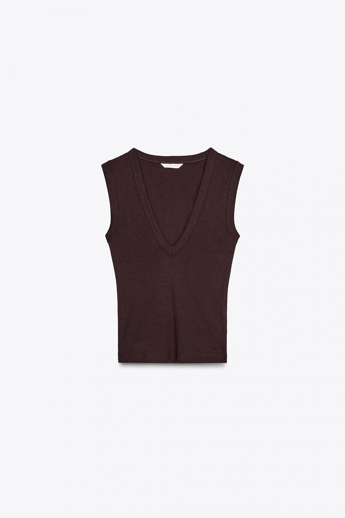 자라 슬림핏 브이넥 민소매 탑 4174/319 DARK BROWN - 상품 이미지