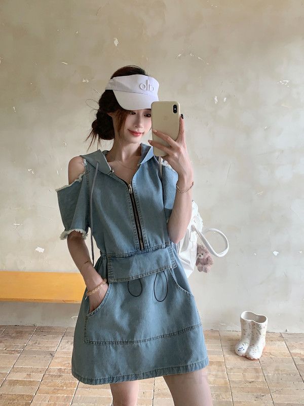 여성 어깨트임 후드 반팔 데님 원피스 H라인 미니 드레스 데미지 루즈핏 캐주얼 빈티지 여름 봄 사계절