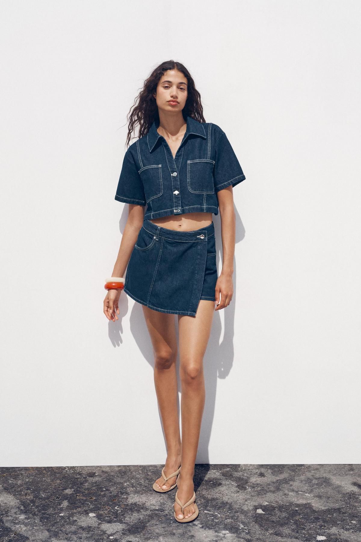 자라 데님 크롭 반팔셔츠 Z1975 숏 V넥 포켓 7484/064 BLUE - 상세 이미지 2