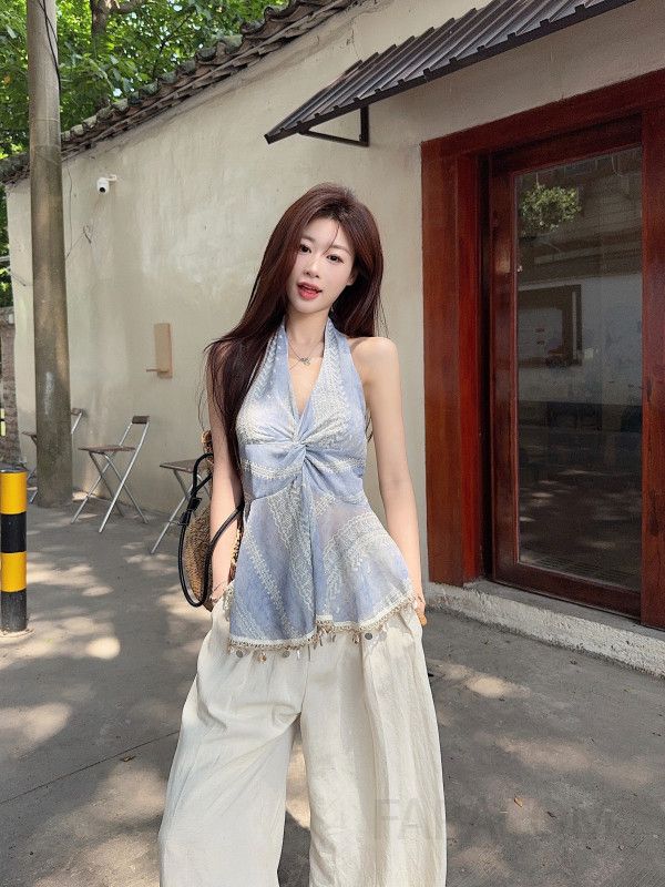 여성 홀터넥 민소매 블라우스 레이스 패치워크 프린팅 얇은 루즈핏 데일리 여름 상의 봄 여름 - 상세 이미지 2