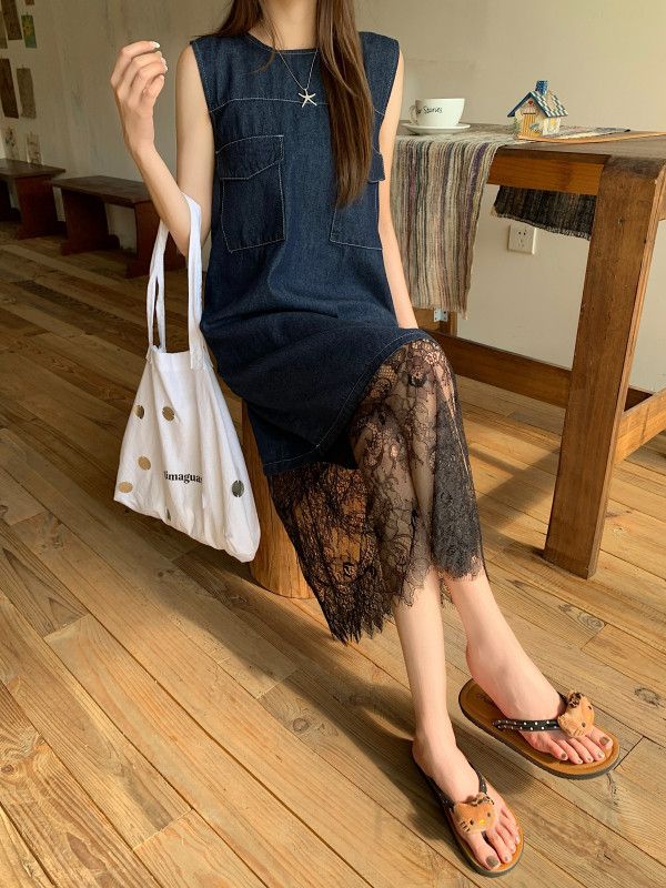 여성 라운드넥 민소매 데님 원피스 H라인 루즈핏 레이어드 미디 롱 하이웨스트 오피스룩 사계절