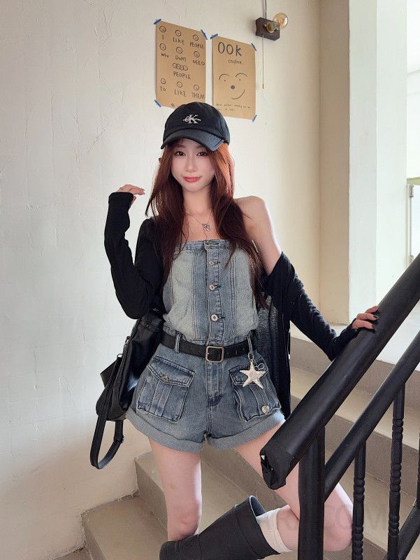 여성 데님 튜브탑 민소매 숏팬츠 점프수트 슬림핏 카고 올인원 데이트 캐주얼룩 청 롬퍼 바디라인 보정 유니크 봄 여름 - 상세 이미지 3