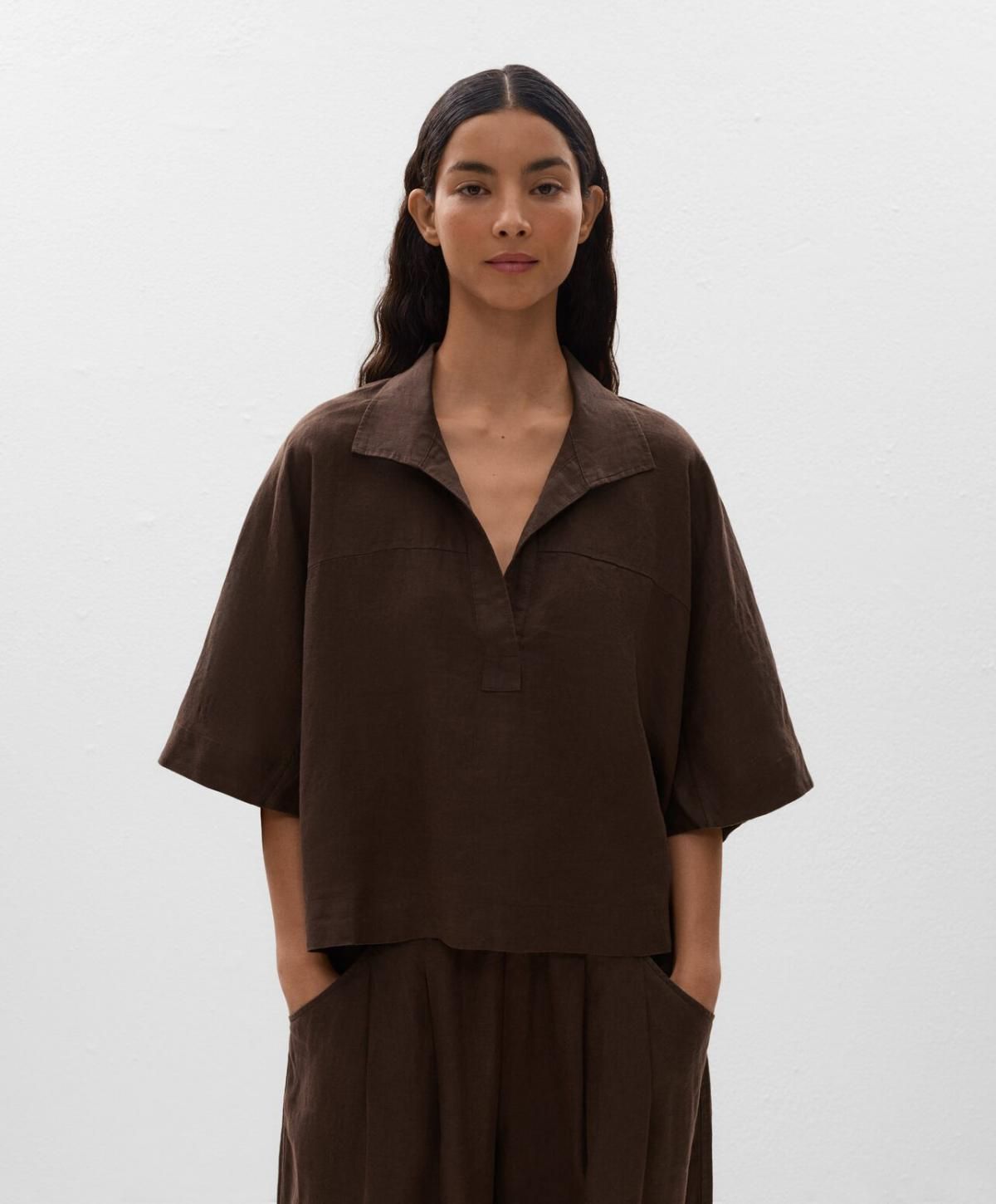 오이쇼 오버사이즈 린넨 반팔 셔츠 브라운 1084/752 DARKBROWN - 상세 이미지 3