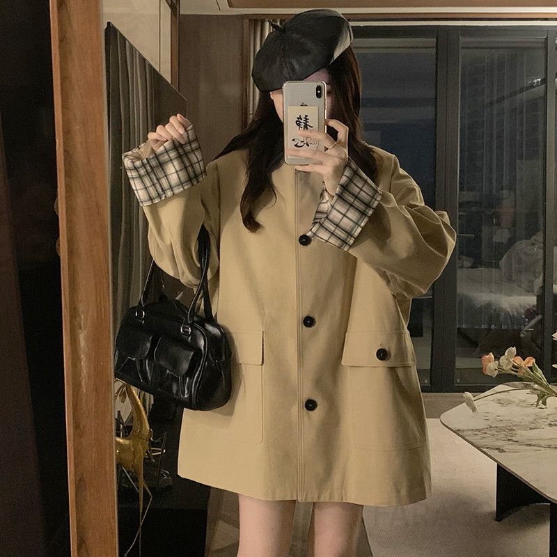 여성 루즈핏 오버핏 트렌치코트 간절기 데일리 하프코트 캐주얼 박시핏 아우터 재킷 점퍼 봄 가을 - 상세 이미지 5