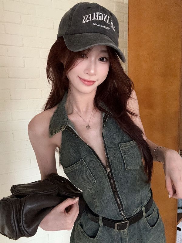 여성 워싱 데님 홀터넥 민소매 점프수트 롬퍼 카라넥 캐주얼 하이웨이스트 데일리 사계절 - 상세 이미지 5