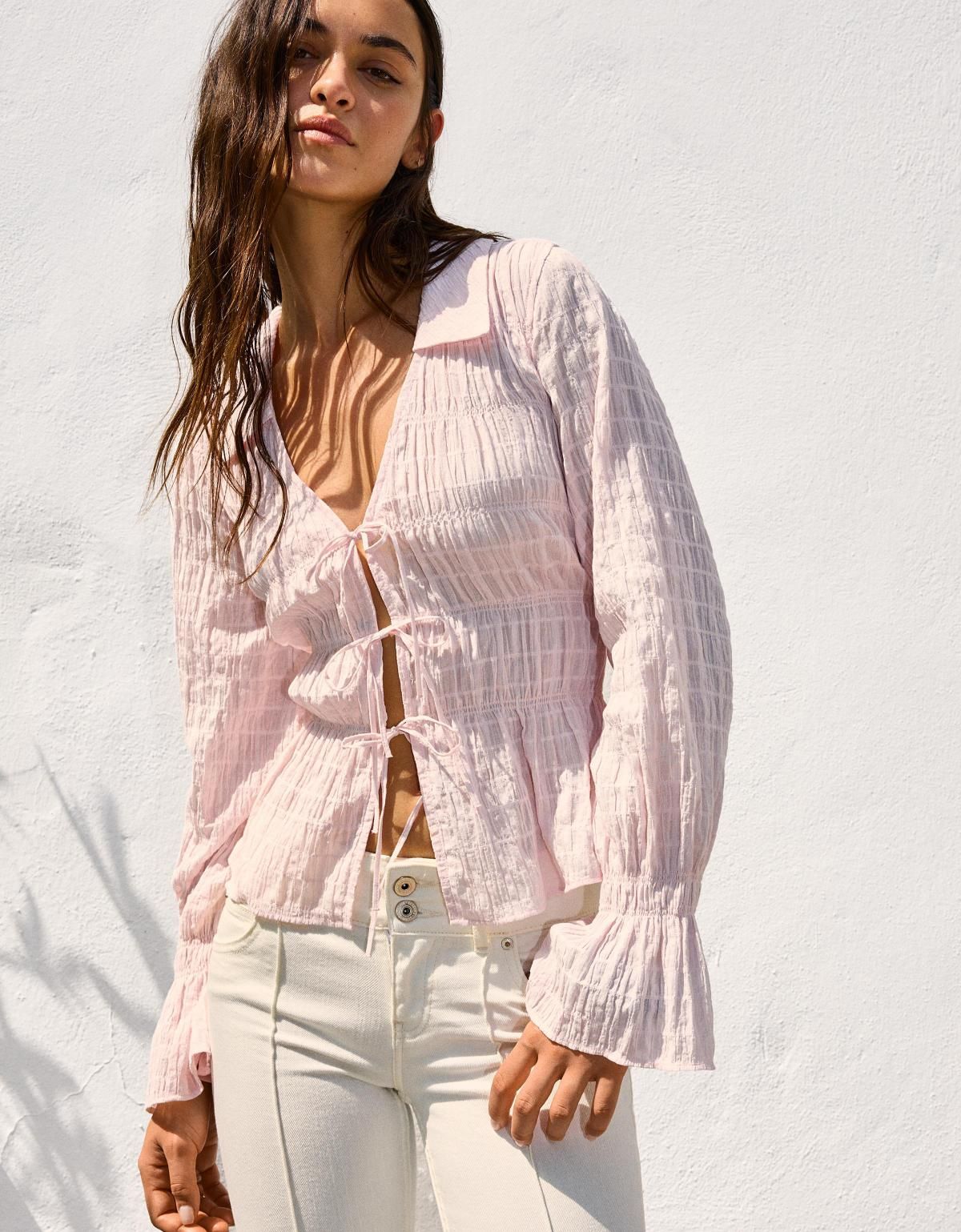 버쉬카 러플 셔링 로맨틱 블라우스 Rustic gathered shirt 6258/494 PINK - 상세 이미지 4