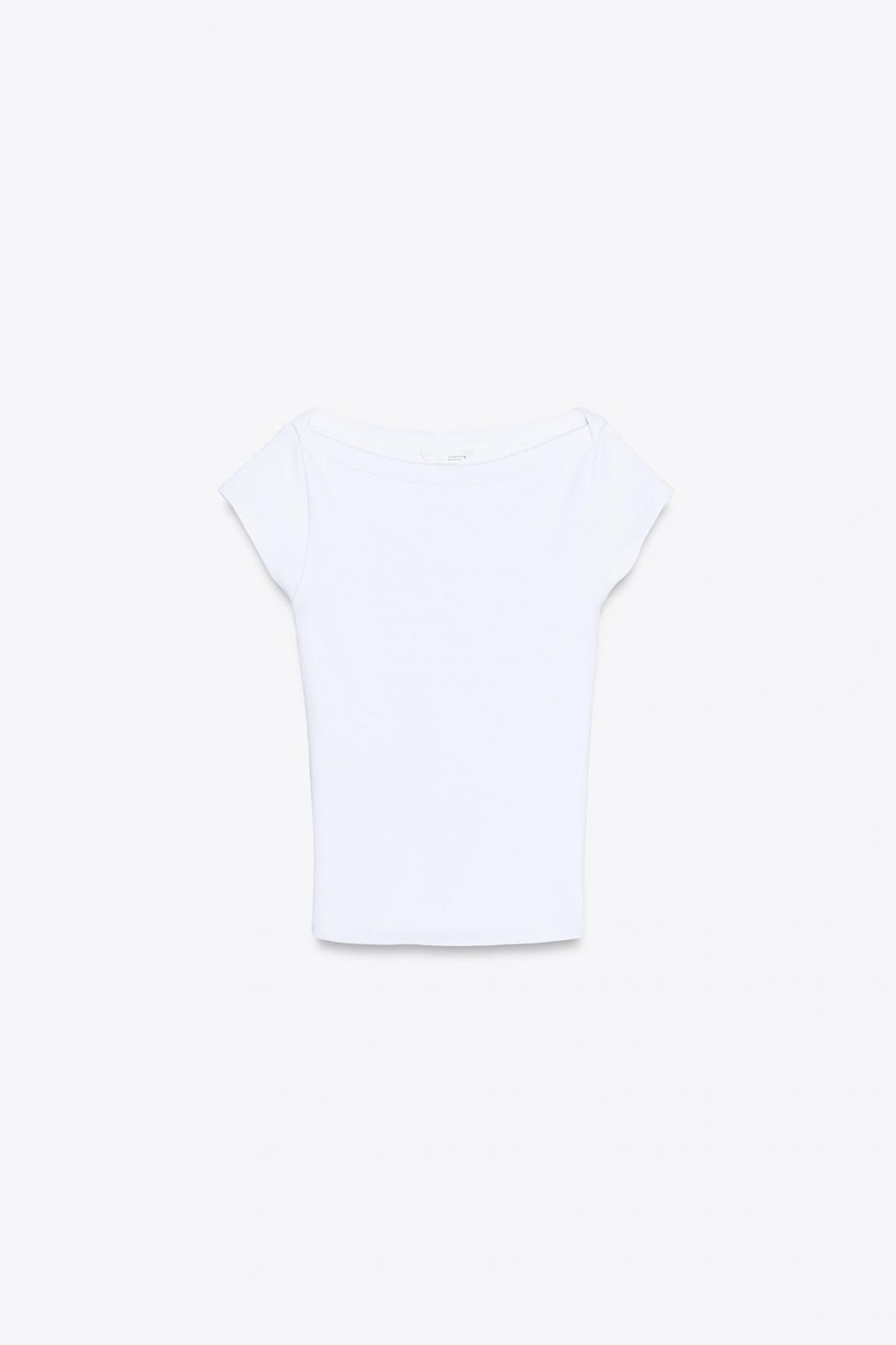자라 슬림핏 골지보트넥 반팔 티셔츠 4424/302 WHITE - 상품 이미지