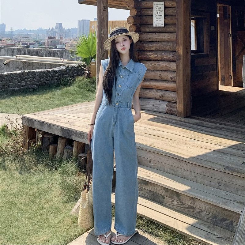 여성 카라넥 버튼 데님 민소매 와이드팬츠 점프수트 오버롤 롱 점프슈트 캐주얼 데일리 루즈핏 봄 여름 - 상세 이미지 2