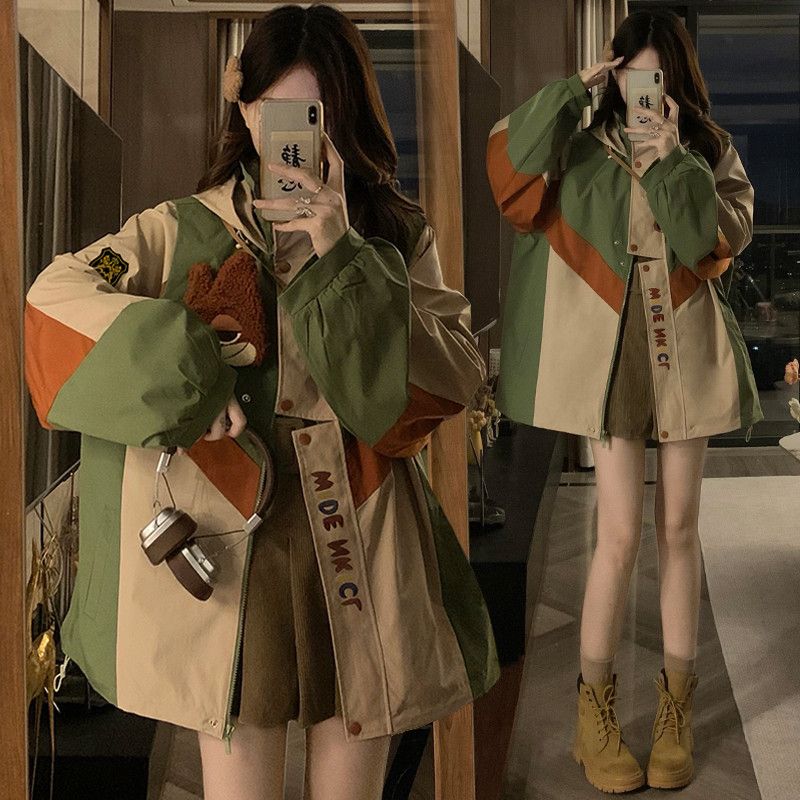 여성 빅사이즈 레터링 자수 오버핏 컬러블록 배색 랜턴슬리브 싱글버튼 점퍼 바람막이 아우터 자켓 봄 가을 - 상품 이미지