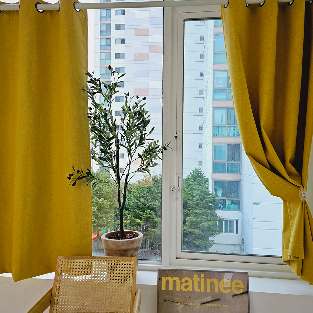 [창문형] 암막커튼+초강력 커튼압축봉 세트 버터옐로우, 130x165cm