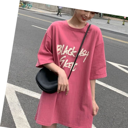 오버핏코디 여성 핑크색 박시핏 롱 반팔티 여름 스트릿 20대