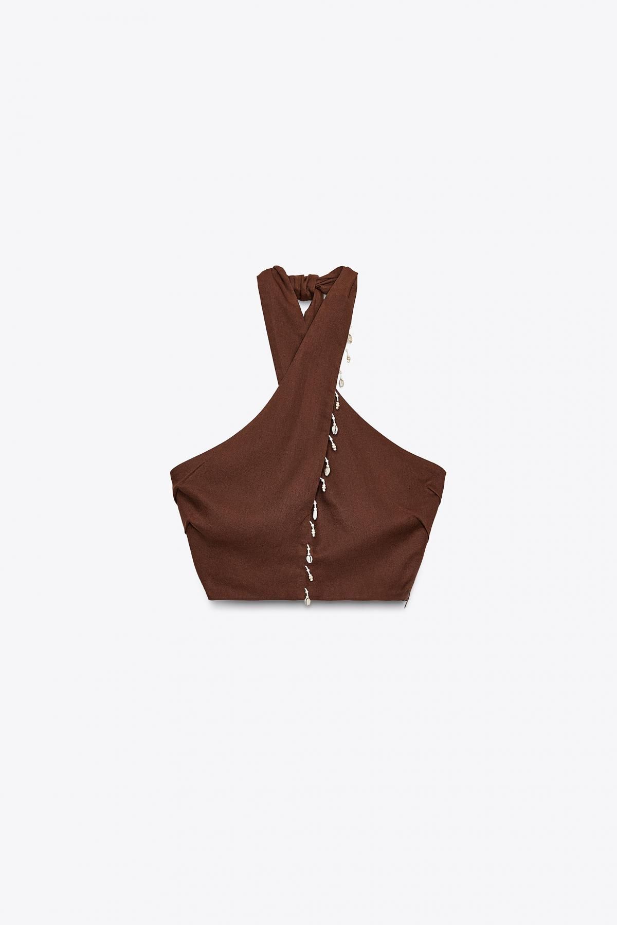 자라 린넨 블렌드 셸 디테일 크로스 홀터탑 3445/722 TERRACOTTA - 메인 이미지