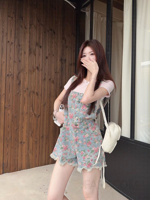 여성 플라워 패턴 데님 멜빵 숏팬츠 꽃무늬 캐주얼 루즈핏 편안한 데일리룩 일상복 멜빵바지 반바지 코디룩 봄 여름 - 상세 이미지 5