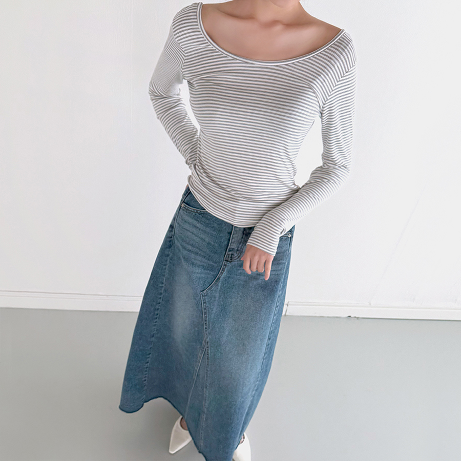 라인 단가라 티셔츠 여리핏 스판 기본티 스트라이프 - 상세 이미지 4