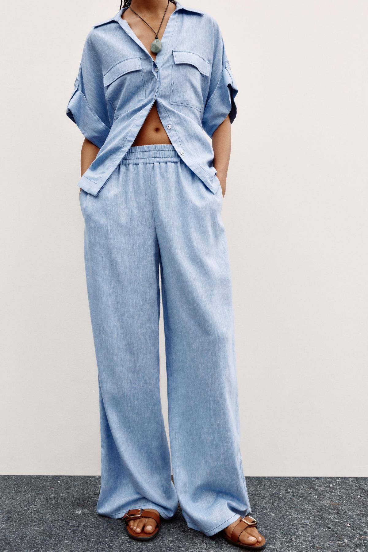 자라 라이트블루 린넨블렌드 와이드 팬츠 7970/753 LIGHT BLUE - 상세 이미지 3