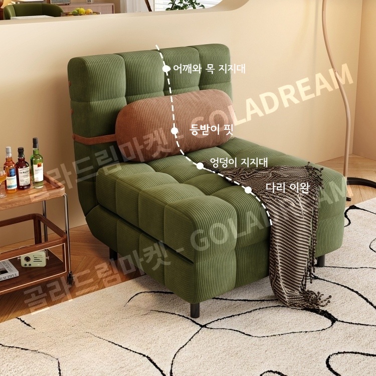 1인용 소파베드 코듀로이 접이식 데이베드 싱글족 거실 침대 스펀지-5중방수 코듀로이-레트로그린(베개포함) 폭80cm 길이195cm 침대높이30cm - 상세 이미지 2
