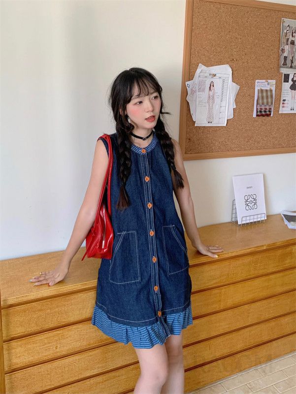 여성 라운드넥 민소매 H라인 데님 원피스 워싱 하이웨스트 버튼 롱 청원피스 데일리 오피스룩 봄 여름