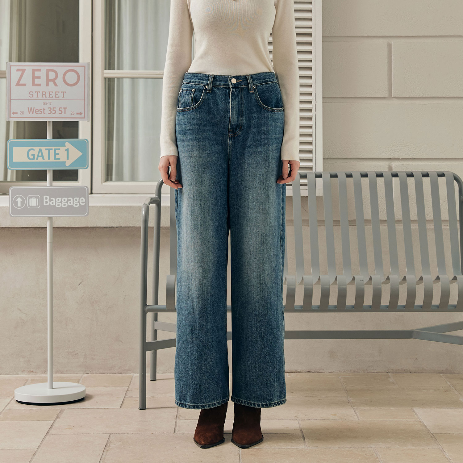 [제로스트릿] 워싱 와이드 데님 팬츠 WASHED WIDE DENIM PANTS / INDIGO - 상품 이미지