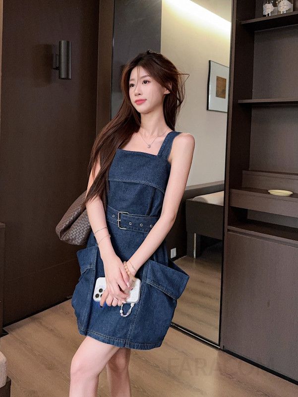 여성 A라인 민소매 멜빵 청원피스 루즈핏 하이웨이스트 스티치 빅포켓 서스펜더 캐주얼 사계절 - 상세 이미지 3