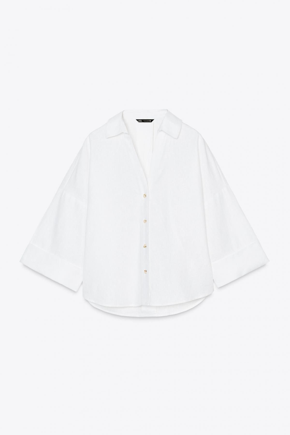 자라 린넨블렌드 오버핏 와이드슬리브 브이넥 셔츠 3457/734 WHITE - 메인 이미지