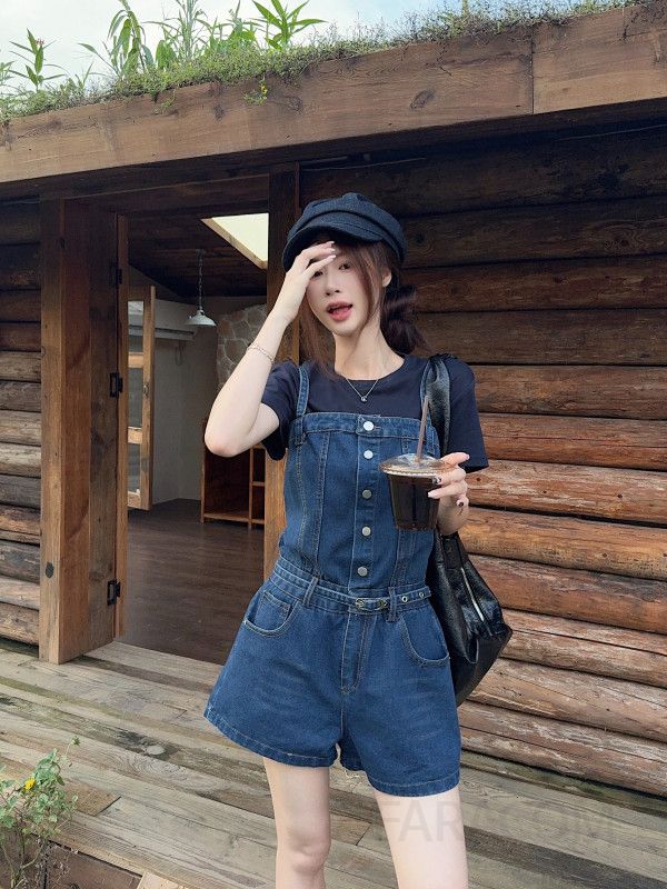 여성 데님 멜빵 숏 점프수트 오버롤 청 반바지 워싱진 캐주얼 데일리 활동성 코디 사계절 - 상세 이미지 2