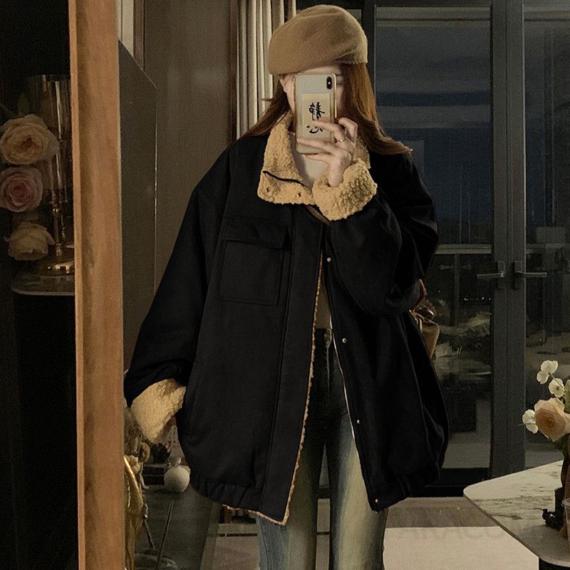 여성 빅사이즈 반목 하이넥 카라 양털 덤블 안감 오버핏 루즈핏 따뜻한 데일리 아우터 자켓 점퍼 겨울 - 상세 이미지 4