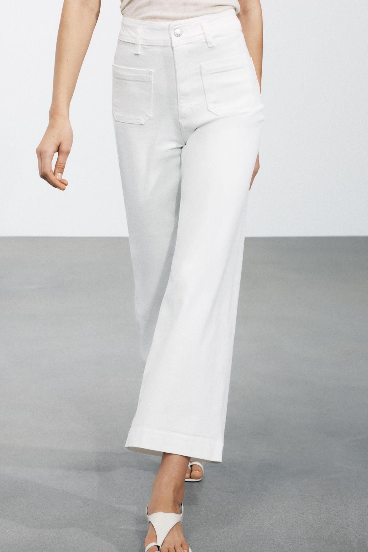 자라 트렌디 하이웨이스트 와이드핏 데님 팬츠 9632/259 OYSTER-WHITE - 메인 이미지