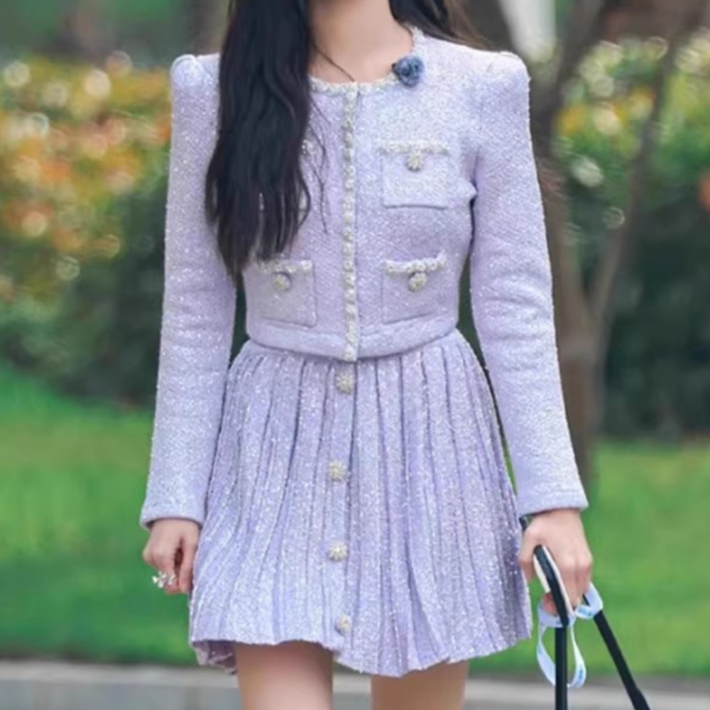 스팽글 가디건 플리츠 스커트 셋업 여성 슬림 블렌드 치마 미디 겨울 골지 무지 - 상세 이미지 4