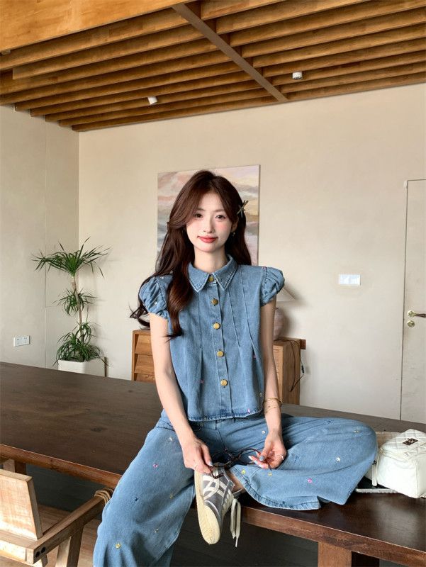 여성 데님 자수 민소매 퍼프 카라 블라우스 와이드 팬츠 투피스 셋업 캐주얼 데일리 청청 코디 봄 여름 - 상세 이미지 2