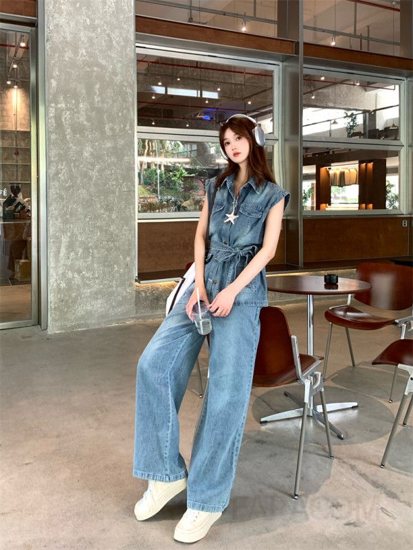 여성 여름 데님 투피스 세트 캐주얼 스타일 생지 청청 셋업 시원한 착용감 휴양지 코디용 와이드 조끼와 반바지 모던한 디자인 - 상세 이미지 2