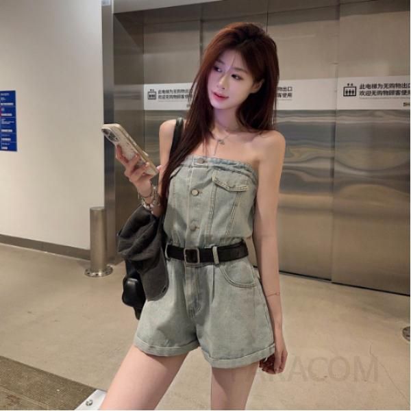 여성 끈없는 데님 점프수트 멜빵 워싱 숏 팬츠 뷔스티에 롬퍼 청반바지 올인원 휴가룩 캐주얼 데일리 코튼 사계절 - 상품 이미지