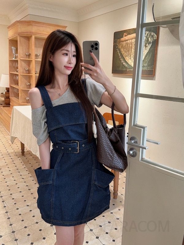 여성 A라인 민소매 멜빵 청원피스 루즈핏 하이웨이스트 스티치 빅포켓 서스펜더 캐주얼 사계절 - 상세 이미지 4