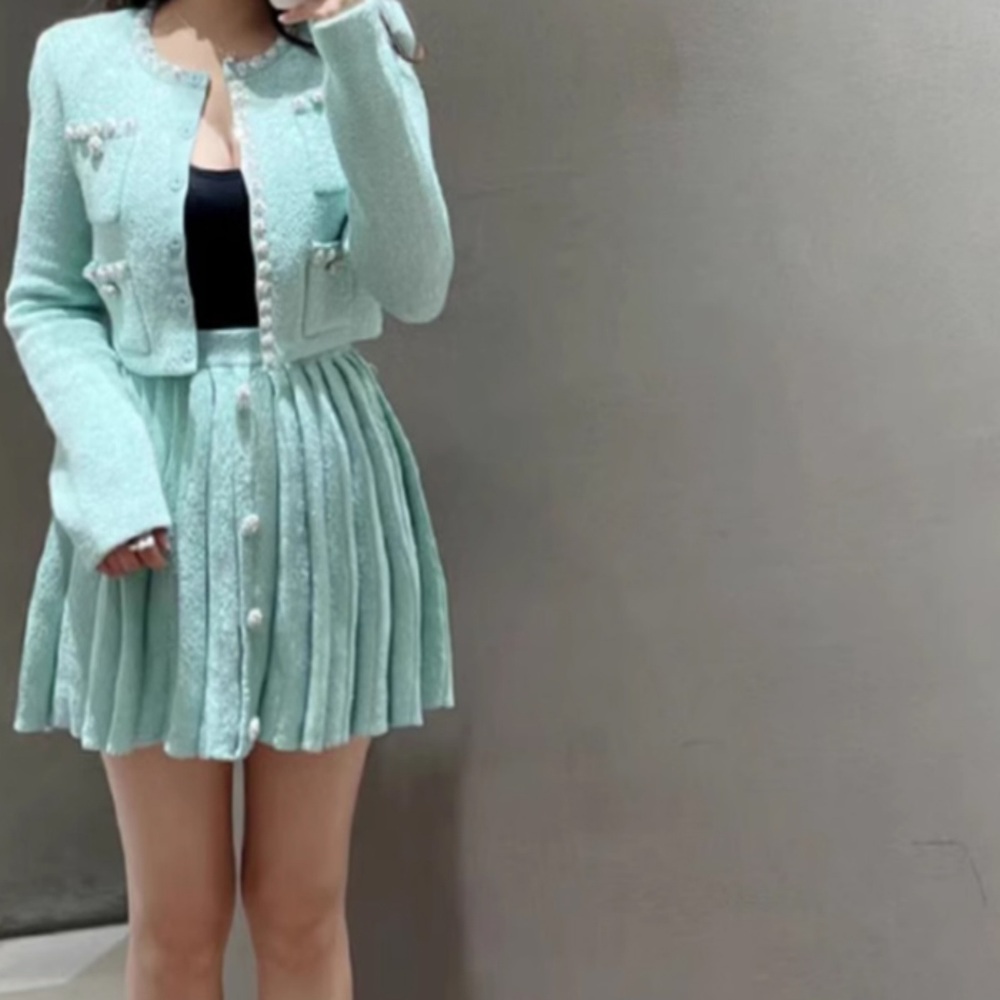 스팽글 가디건 플리츠 스커트 셋업 여성 슬림 블렌드 치마 미디 겨울 골지 무지 - 상세 이미지 3